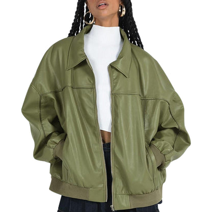 Women's Faux Leather Moto Jacket  Lightweight Zip-Up Coat with Long Slee