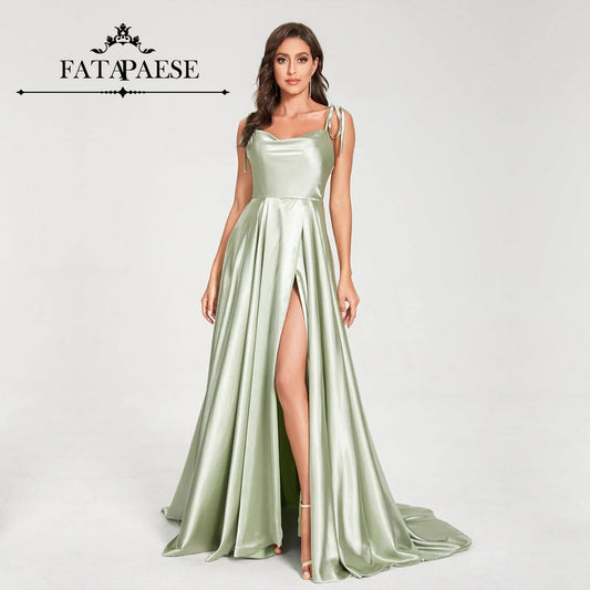 SoftSatin Maxi Flared Dress with High Slit Bridesmaid Dress Open