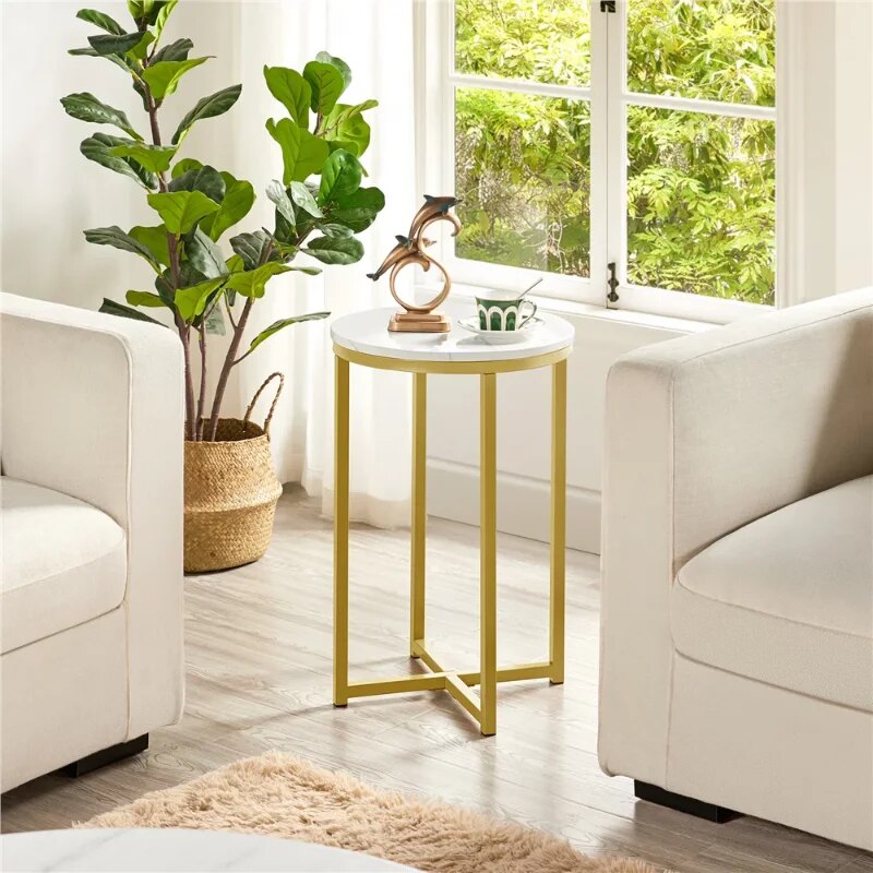 Wooden Top Round Faux Marble Side Table Sturdy Metal Legs Mustard Gold image 1