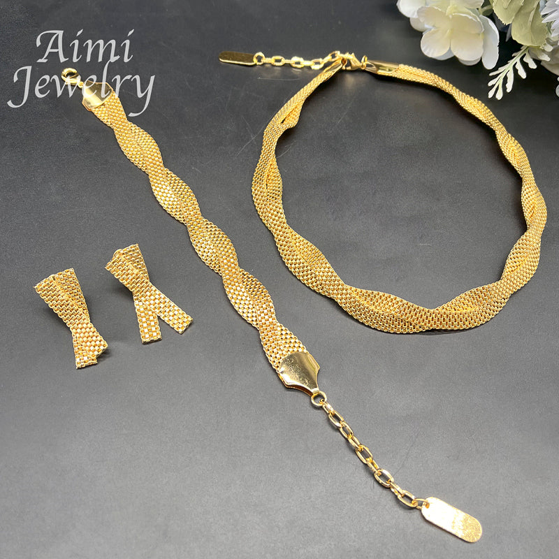 Simple 18K Gold Plated Jewelry Set for Women Golden Choker Necklace Drop Earrin image 5