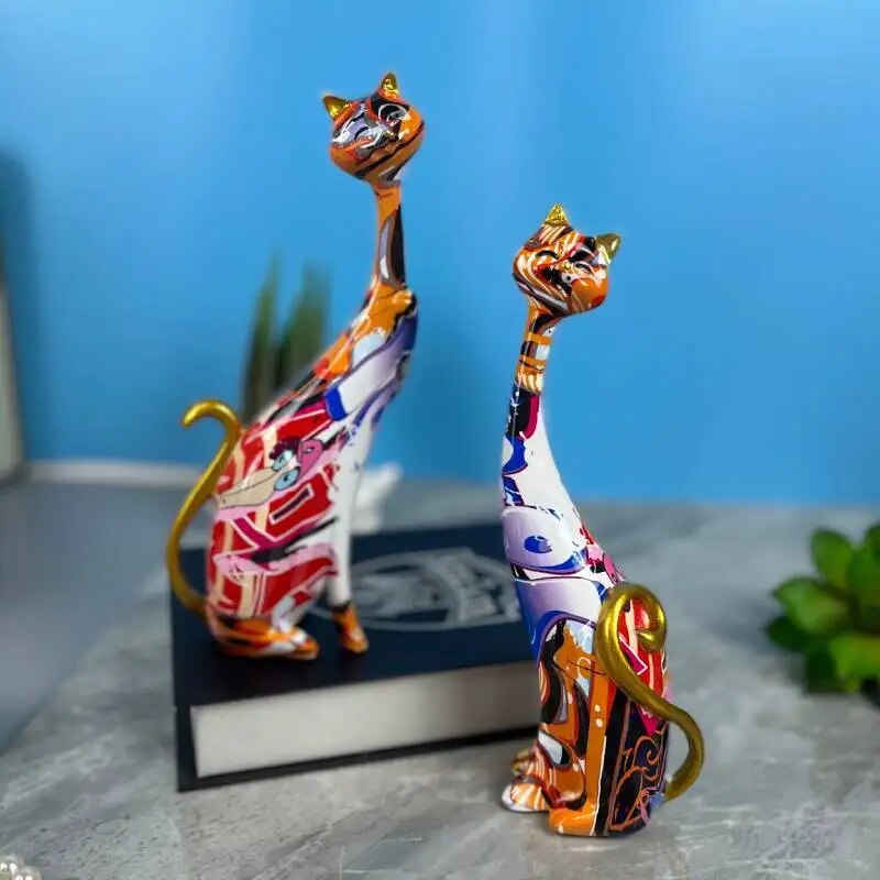 Nordic Painted Graffiti Cat Decoration Resin Abstract Lovers Cat Statue  Animal image 4
