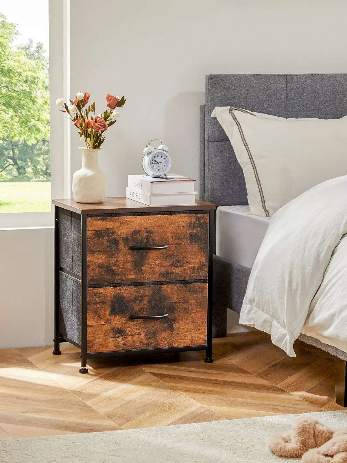 JHK Nightstand For Bedroom With 2 Fabric Drawers Bedside Sofa Table With Storag