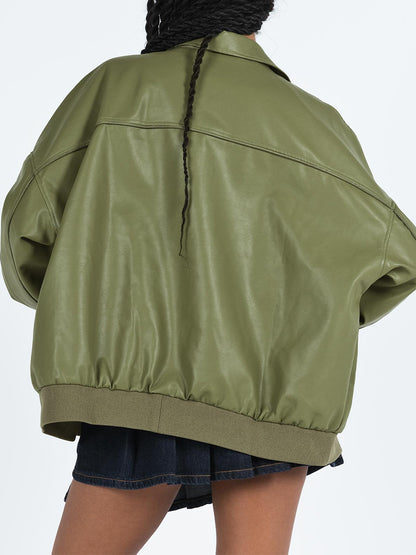 Women s Faux Leather Moto Jacket Stylish Lightweight Zip-Up Coat with Long Slee image 7