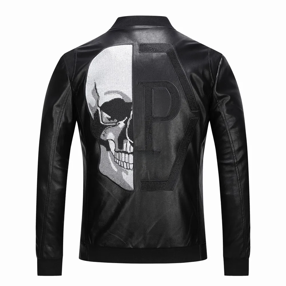 Men's Trendy Skull Head Embroidery Pu Leather Baseball Collar Jacket Rhinestone image 1