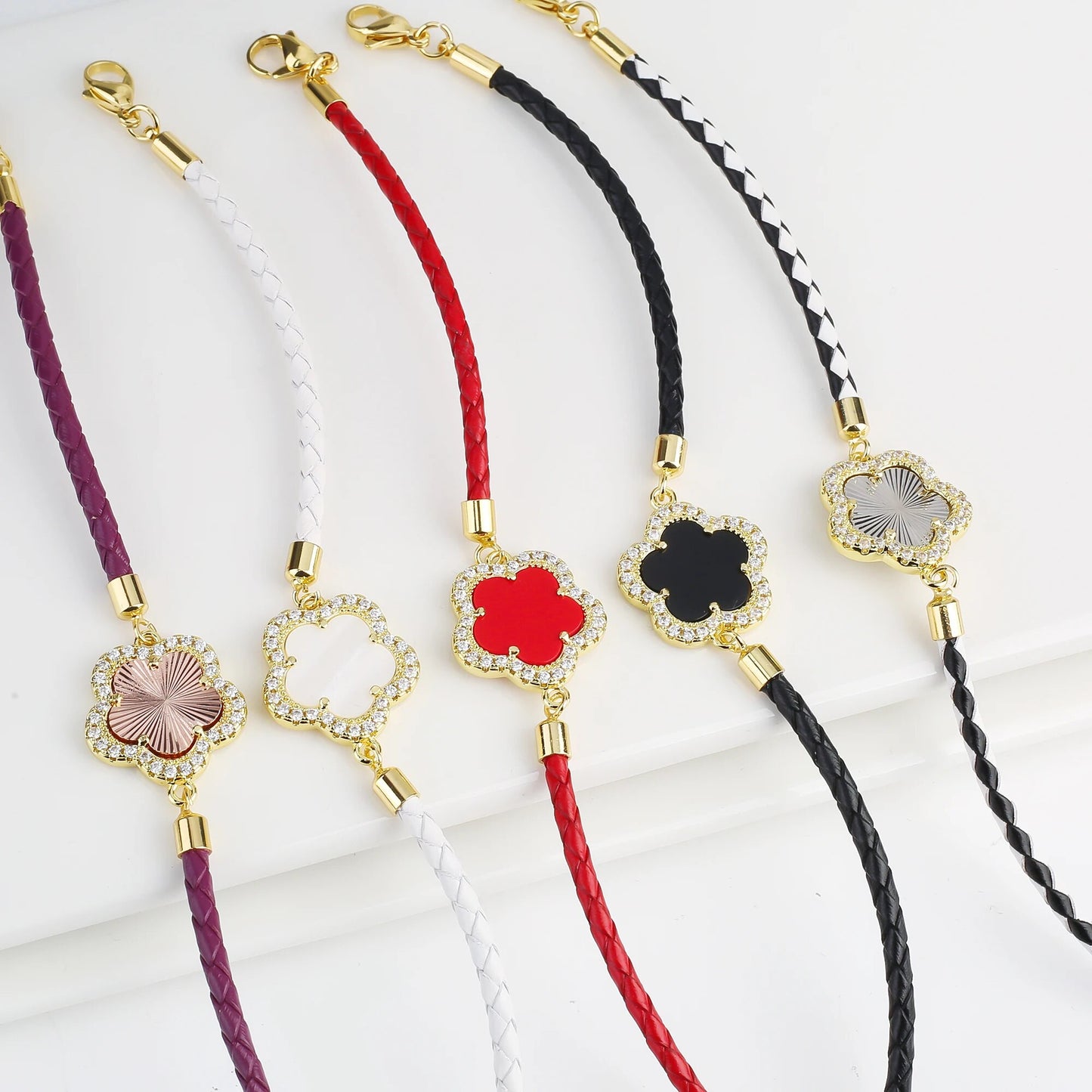 INS Hot Sale Shiny Zirconia Five-Leaf Flower Leather Adjustable Bracelet Classi image 10