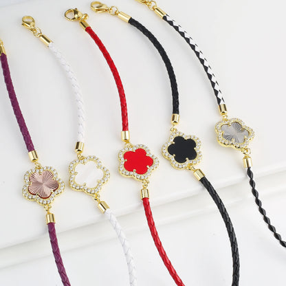 INS Hot Sale Shiny Zirconia Five-Leaf Flower Leather Adjustable Bracelet Classi image 10