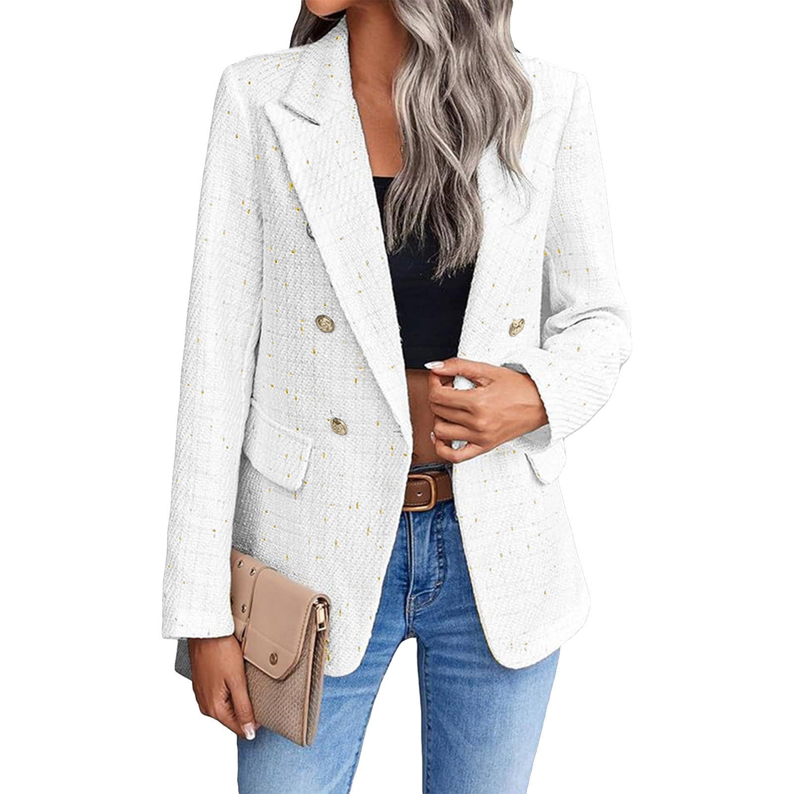 Women Fashion Tweed Double Breasted Blazer Coat Vintage Long Sleeve Flap Pocket image 1