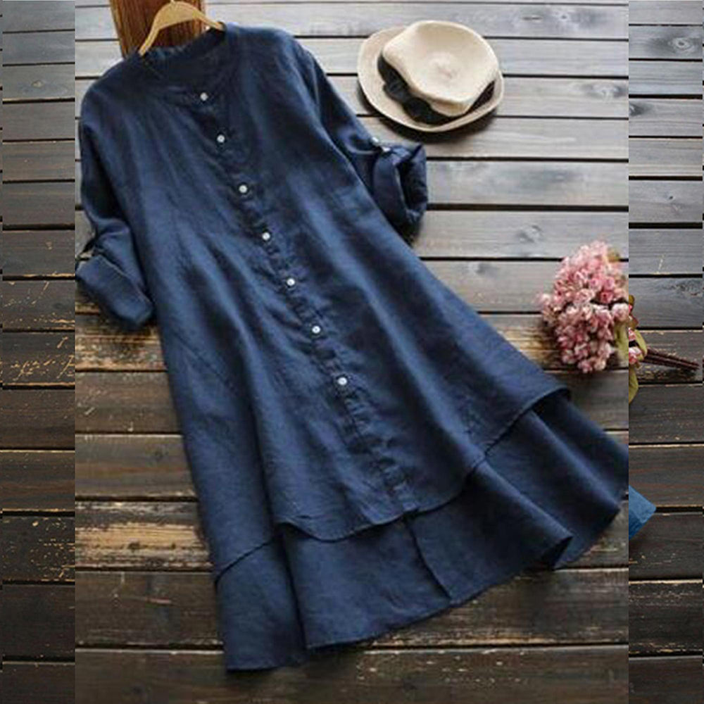 Women's Spring Solid Cotton Linen Shirt Dress Ladies Loose Dress Long Tops Blou image 0