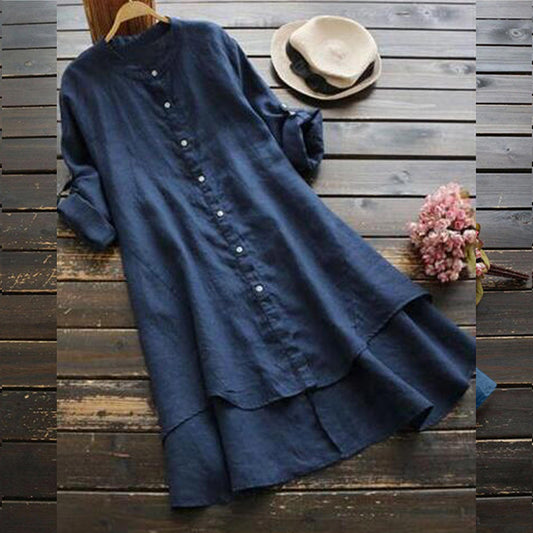 Women's Spring Solid Cotton Linen Shirt Dress Ladies Loose Dress Long Tops Blou image 0