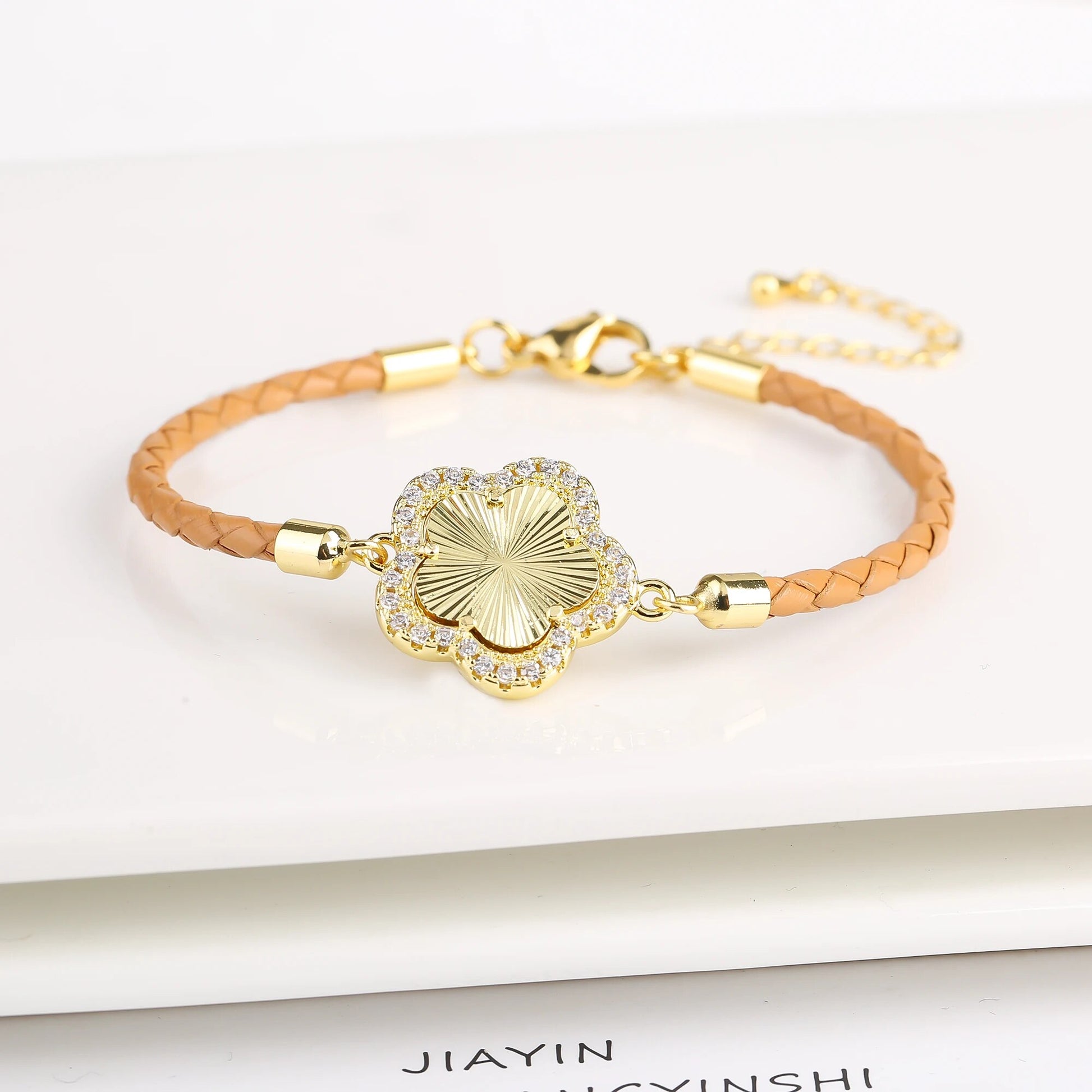 INS Hot Sale Shiny Zirconia Five-Leaf Flower Leather Adjustable Bracelet Classi image 8