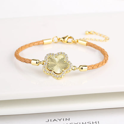 INS Hot Sale Shiny Zirconia Five-Leaf Flower Leather Adjustable Bracelet Classi image 8