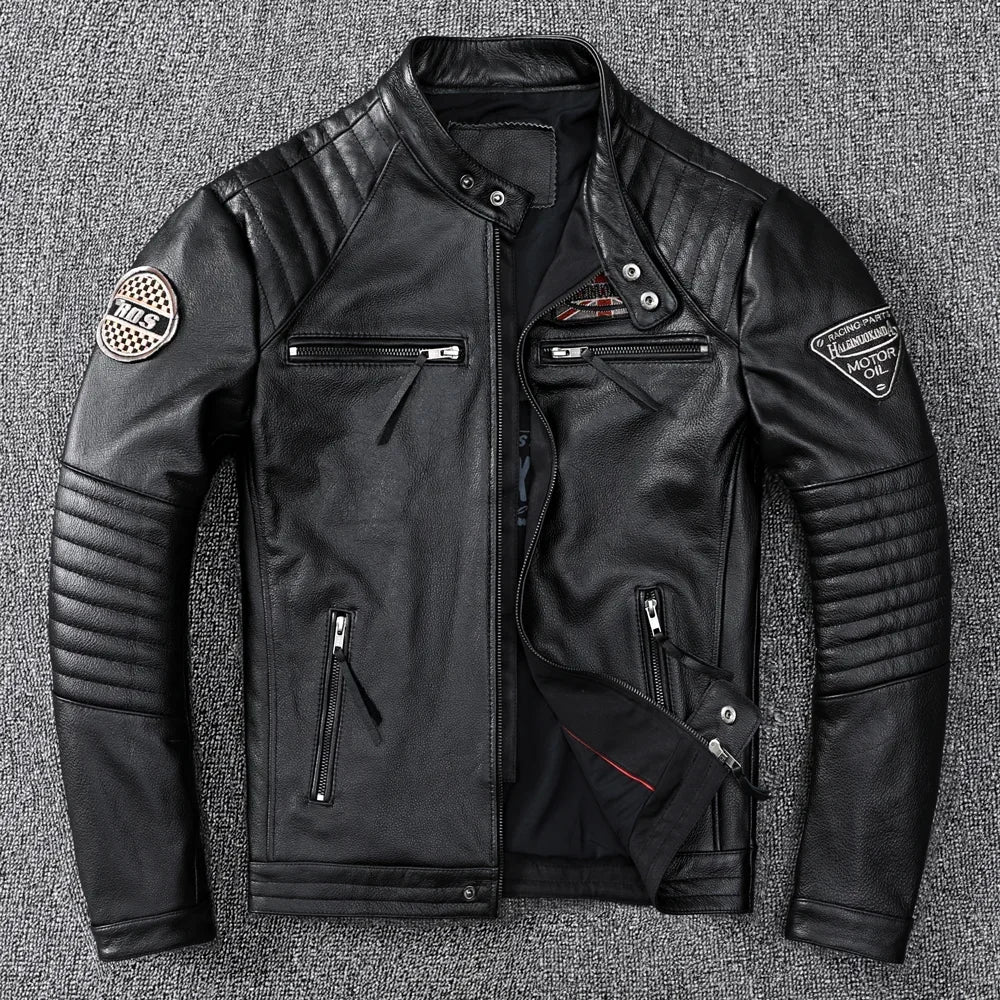,Biker Popular motor style Vintage men's quality genuine leather J image 4