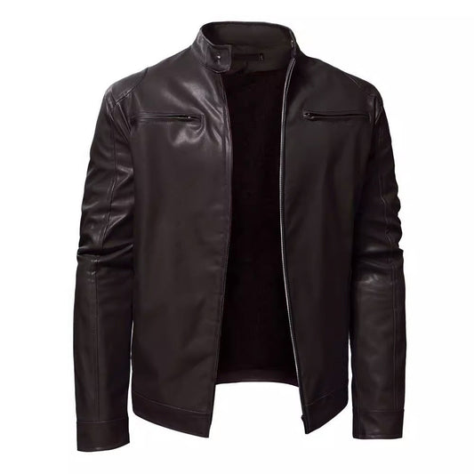 Autumn Men's Stand Collar Jacket Coat Black Leather Motorcycle Jacket Solid Colo
