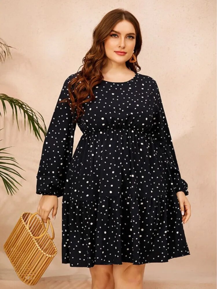 Plus Size Autumn Midi Dress Women Long Sleeve Polka Dot Casual Ladies Dresses L