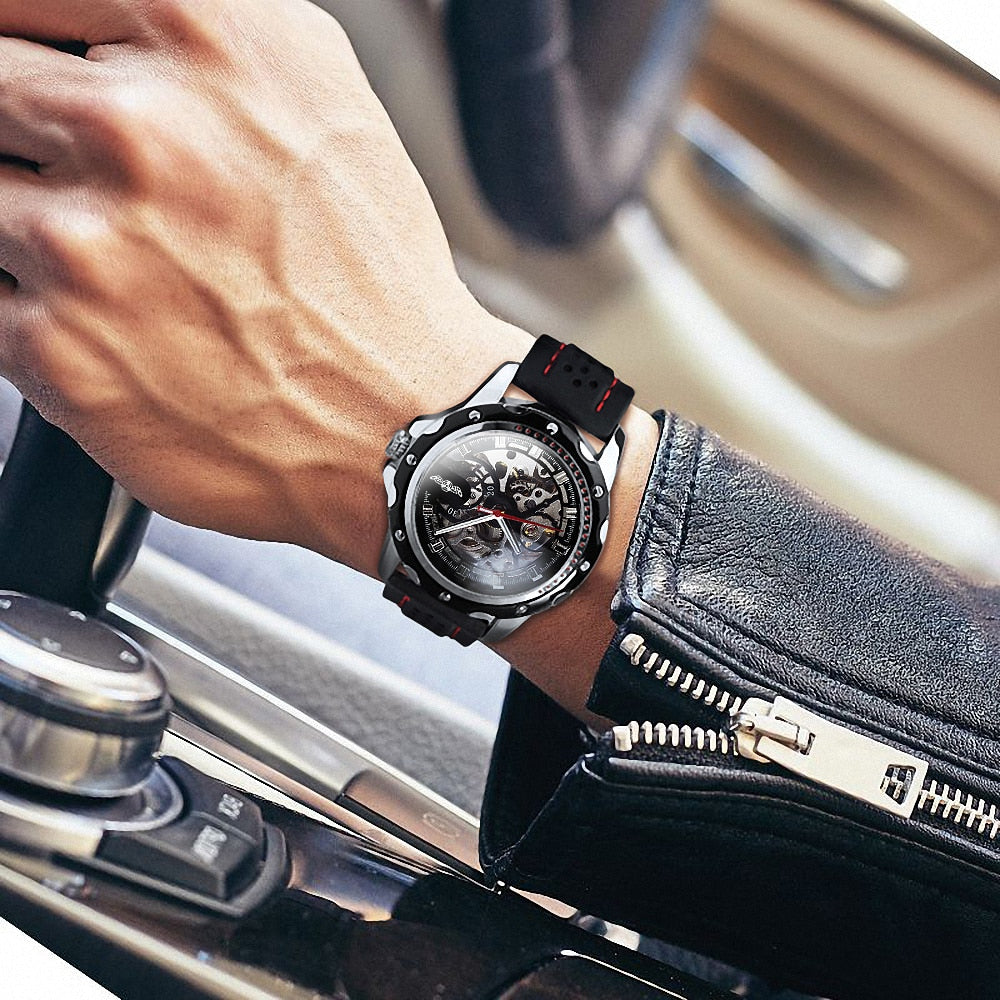WINNER Sports Outdoor Automatic Watch for Men Luminous Hands Black Skeleton Mec image 7