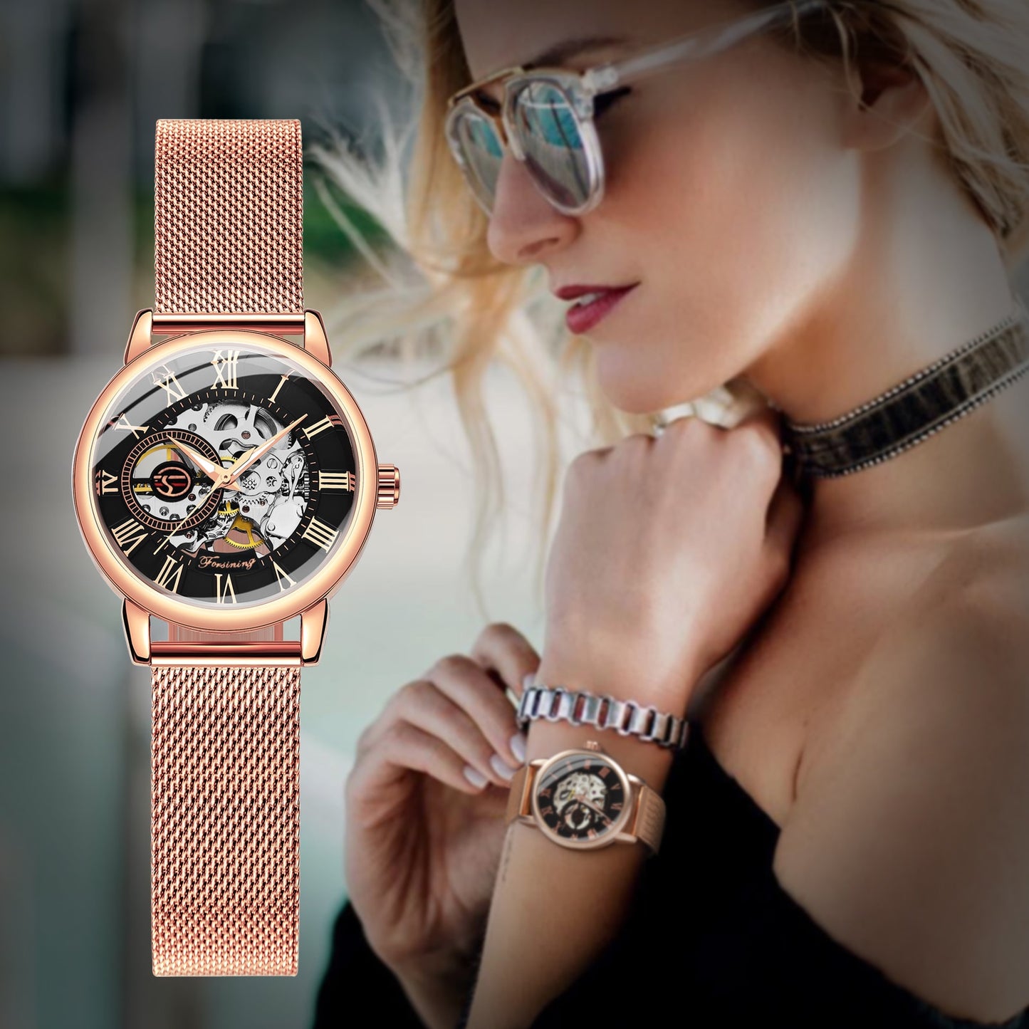 Forsining Rose Gold Skeleton Mechanical Watch for Women Fashion Luminous Hands  image 1