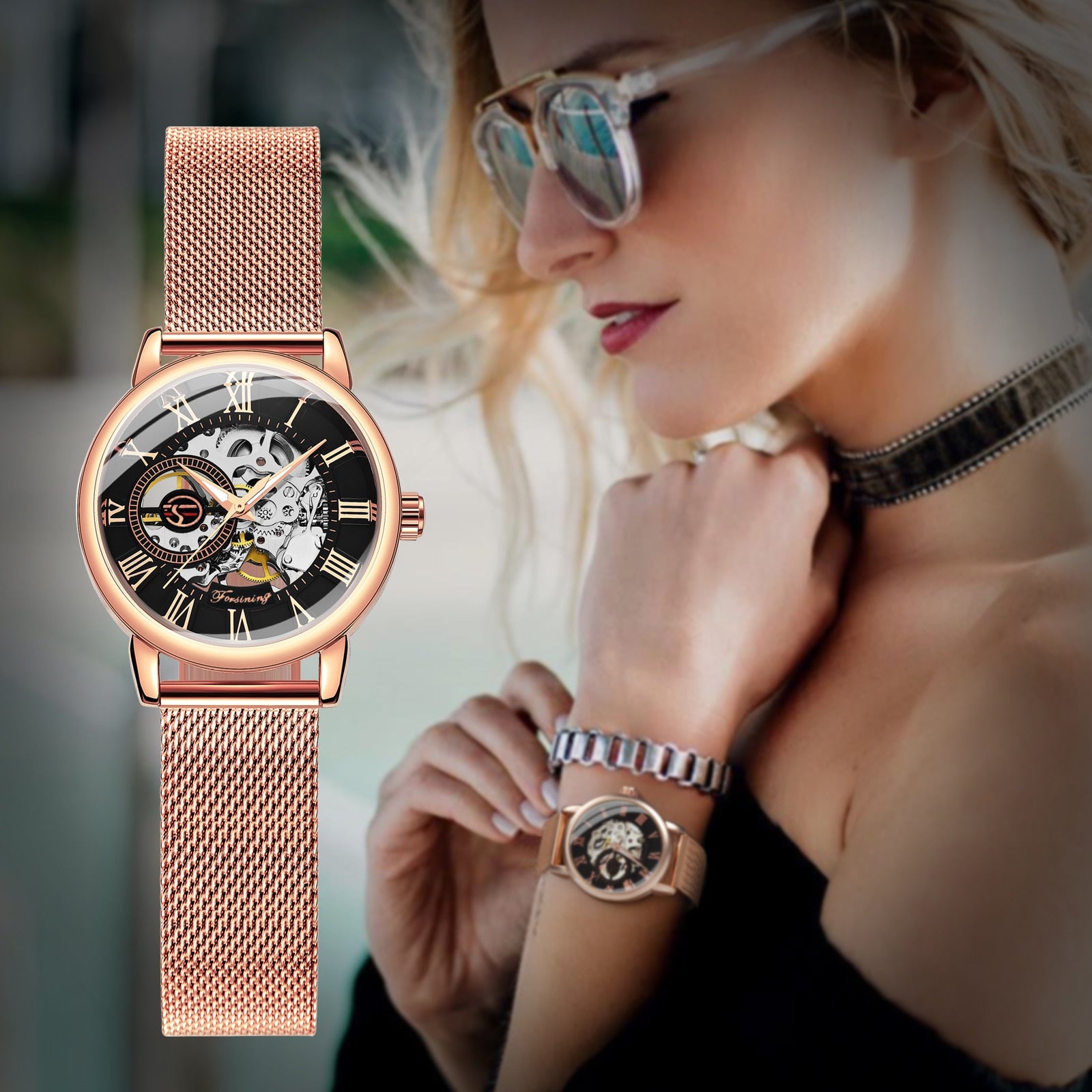 Forsining Rose Gold Skeleton Mechanical Watch for Women Fashion Luminous Hands  image 1