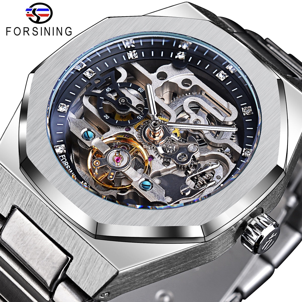 Forsining Casual Automatic Watch 3D Diamond Skeleton Hollow Mens Wristwatches L image 0