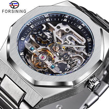 Forsining Casual Automatic Watch 3D Diamond Skeleton Hollow Mens Wristwatches L image 0