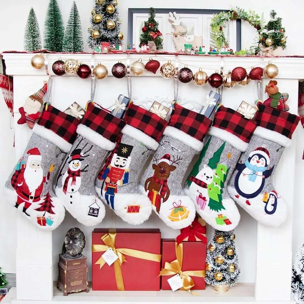 Set of 6 Christmas Stockings Gray Burlap Buffalo Red Plaid Soft Faux Fur 20 Inc