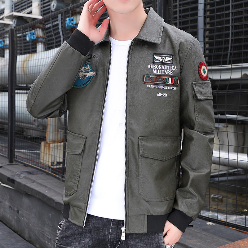 Embroidered Print Handsome Leather Coat Men's Spring and Autumn Business Casual image 4