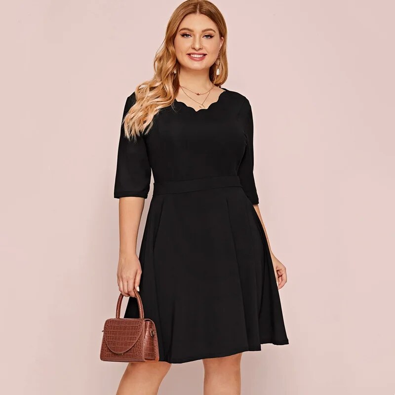 Plus Size Half Sleeve  Spring Autumn A-line Dress Womencoop Neck Black