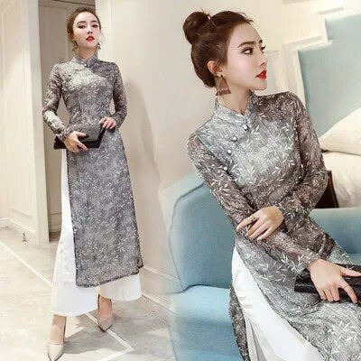 2022 vietnam aodai cheongsam set for Women traditional chinese chiffon robe lad