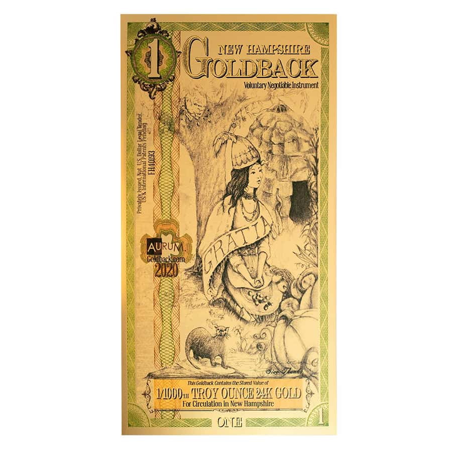 1 New Hampshire Goldback 1/1000 oz 24K Gold Foil Aurum Note image 0