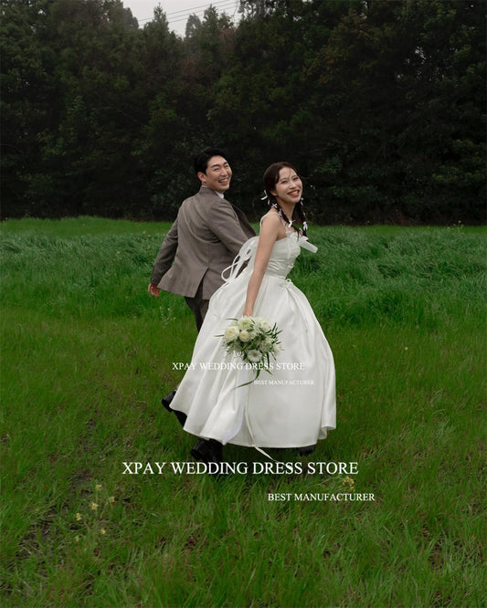 XPAY Simple Strapless Korea Wedding Dresses Ribbons Bow Women Po Shoot Floor