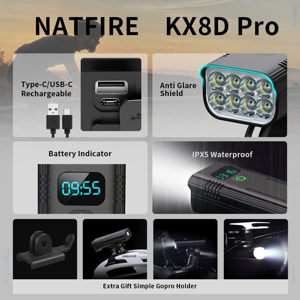 NATFIRE 12 LED Bike Light 4800 Lumen USB C Rechargeable Aluminum MTB Bicycle Li image 6
