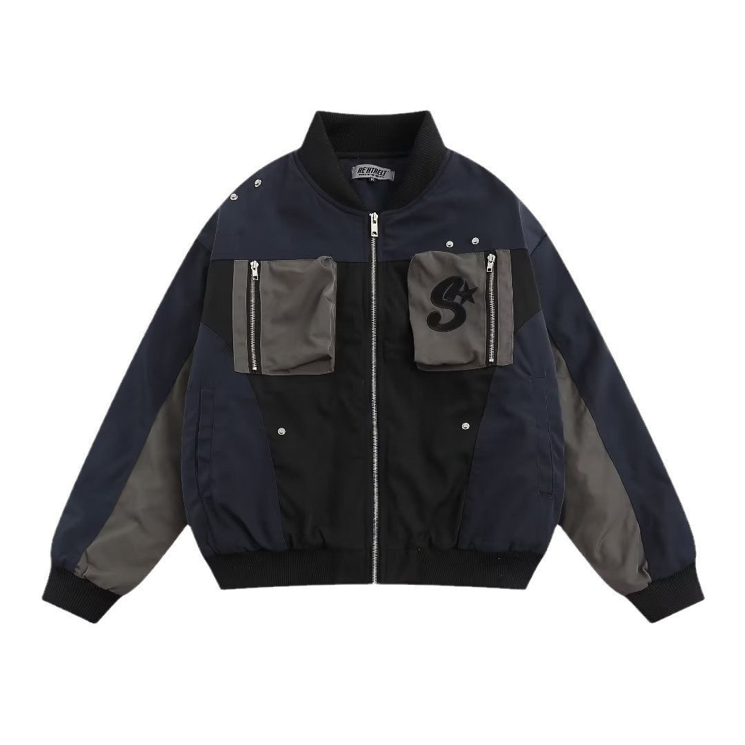 Street Retro Patchwork Baseball Jacket Man Autumn Loose Pilot Jackets Multi Poc image 4