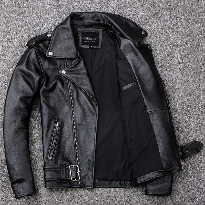 Spring Classical Motorcycle oblique zipper Jackets Men Leather Jacket Natural C image 3
