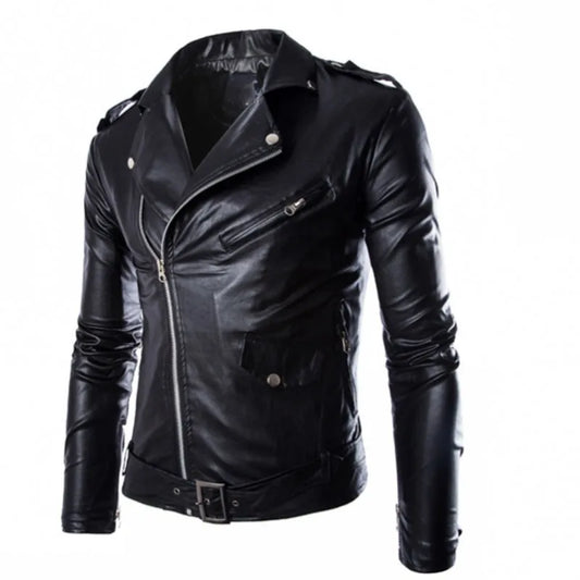 Fashion  PU Leather Jacket Men Buckle Zip Lapel Collar British  Black White Pun