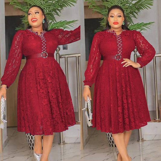 African Dresses For Women's Summer Autumn Africa Clothing Long Sleeve Lace  V
