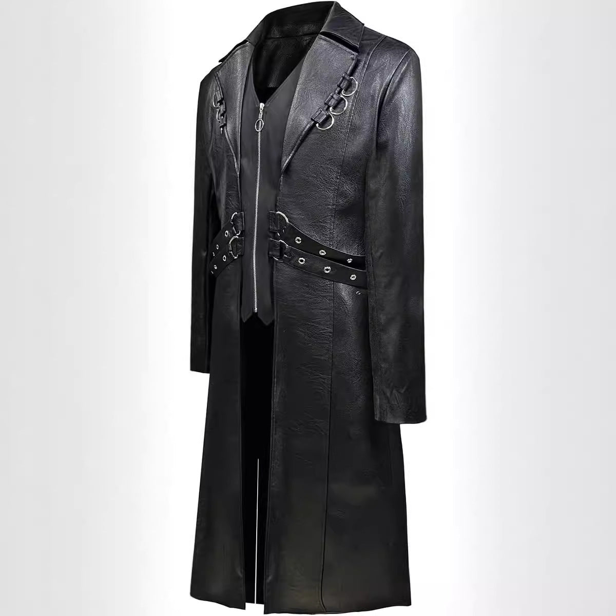 Men Steampunk Faux Leather Vintage Jacket Medieval Trench Coat Long Outwear Win image 5