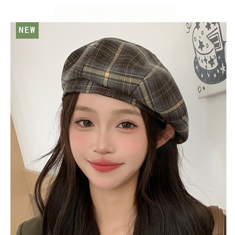 Fresh Brushed Plaid Beret Girls Fashion Painter Hat Literary Show Face Small Ne image 1