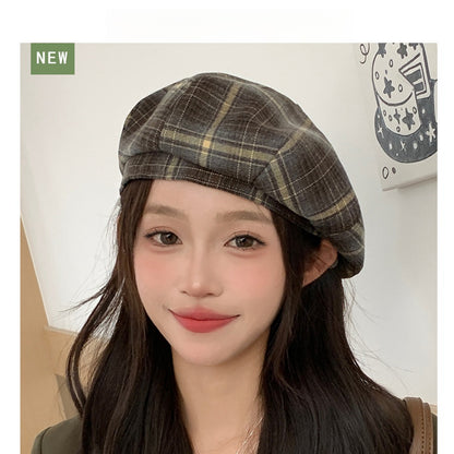 Fresh Brushed Plaid Beret Girls Fashion Painter Hat Literary Show Face Small Ne image 1
