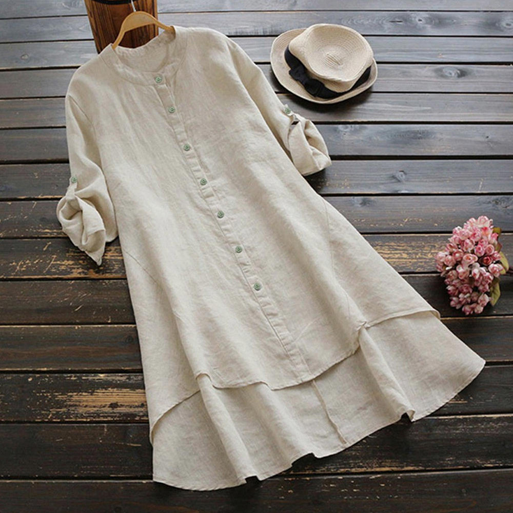 Women's Spring Solid Cotton Linen Shirt Dress Ladies Loose Dress Long Tops Blou image 4