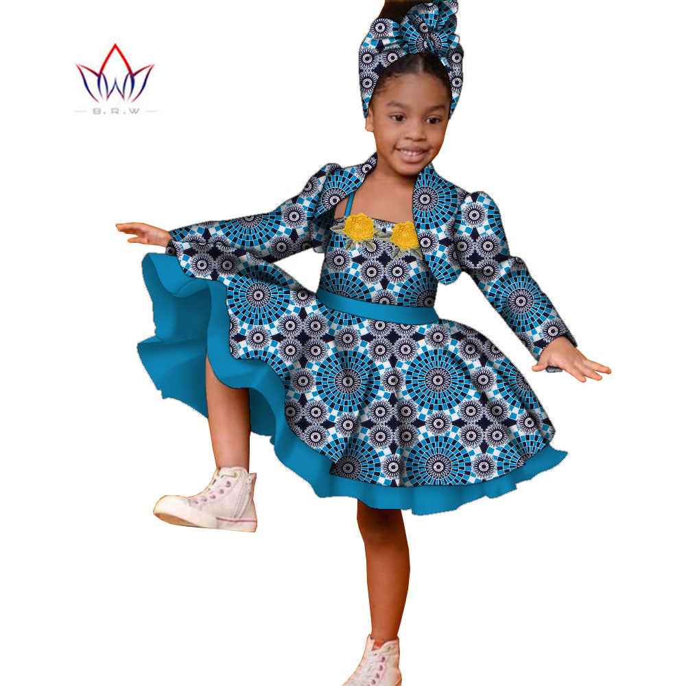 3pcs Set African Kids Gril Dashiki Dress Coat and Headtie Suits Africa Print Pa