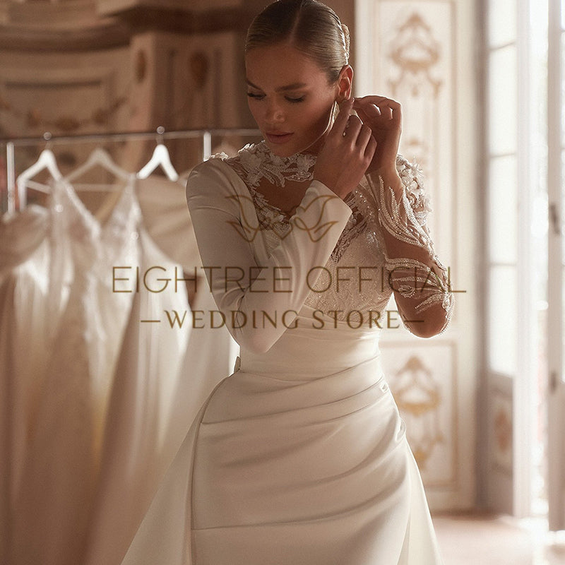 Eightree Formal Mermaid Wedding Dresses White Long Sleeve Appliques Satin Weddi image 4
