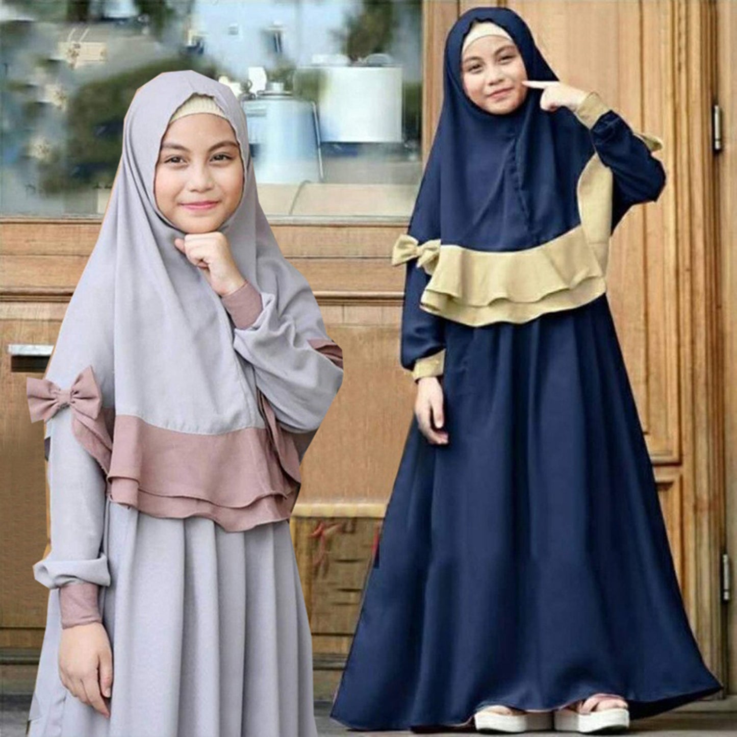 2 PCS Muslim Kids Girls Kaftan Abaya Islamic Dress Hijab Scarf Long Sleeve Maxi image 2
