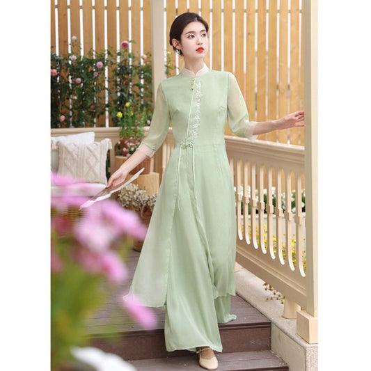 Retro Hanfu Tea Art Party Dress Traditional Vietnam Ao Dai  Women Elegant Daily