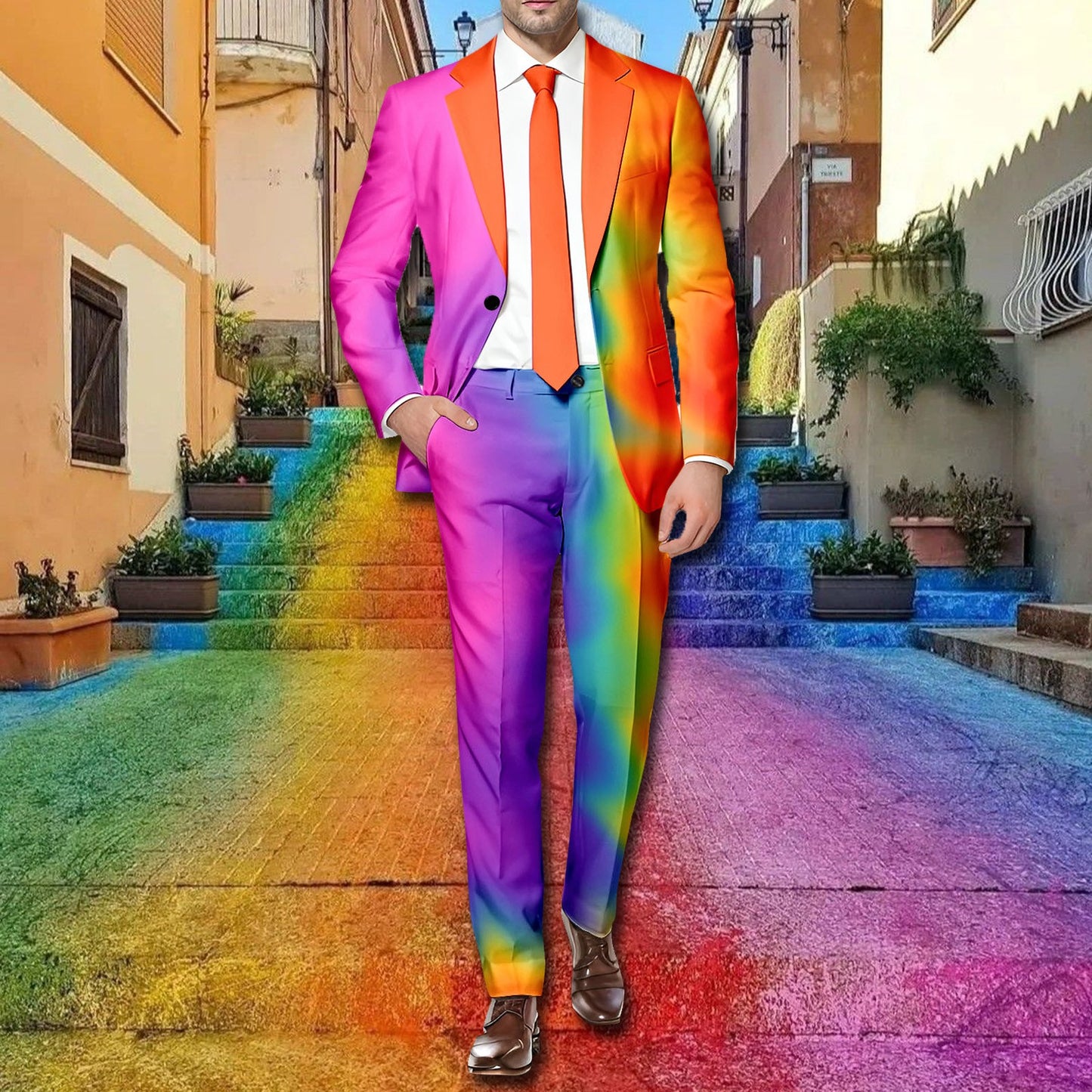 Rainbow Color Printed Men Suit 2 Piece Set Long Sleeve Blazer Coat And Pants Su image 3