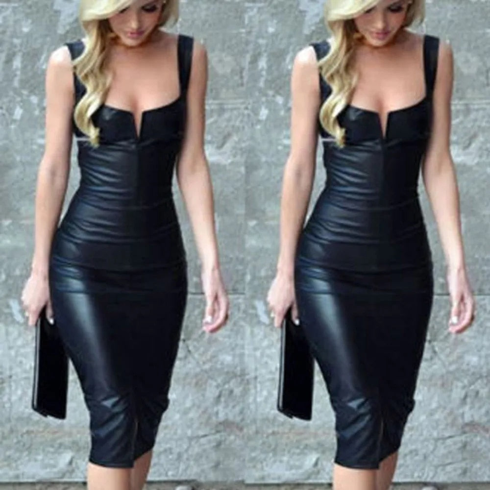 Leather Dress Off The Shoulder  Fashion Women Bandage Bodycon Sleeveless Club E