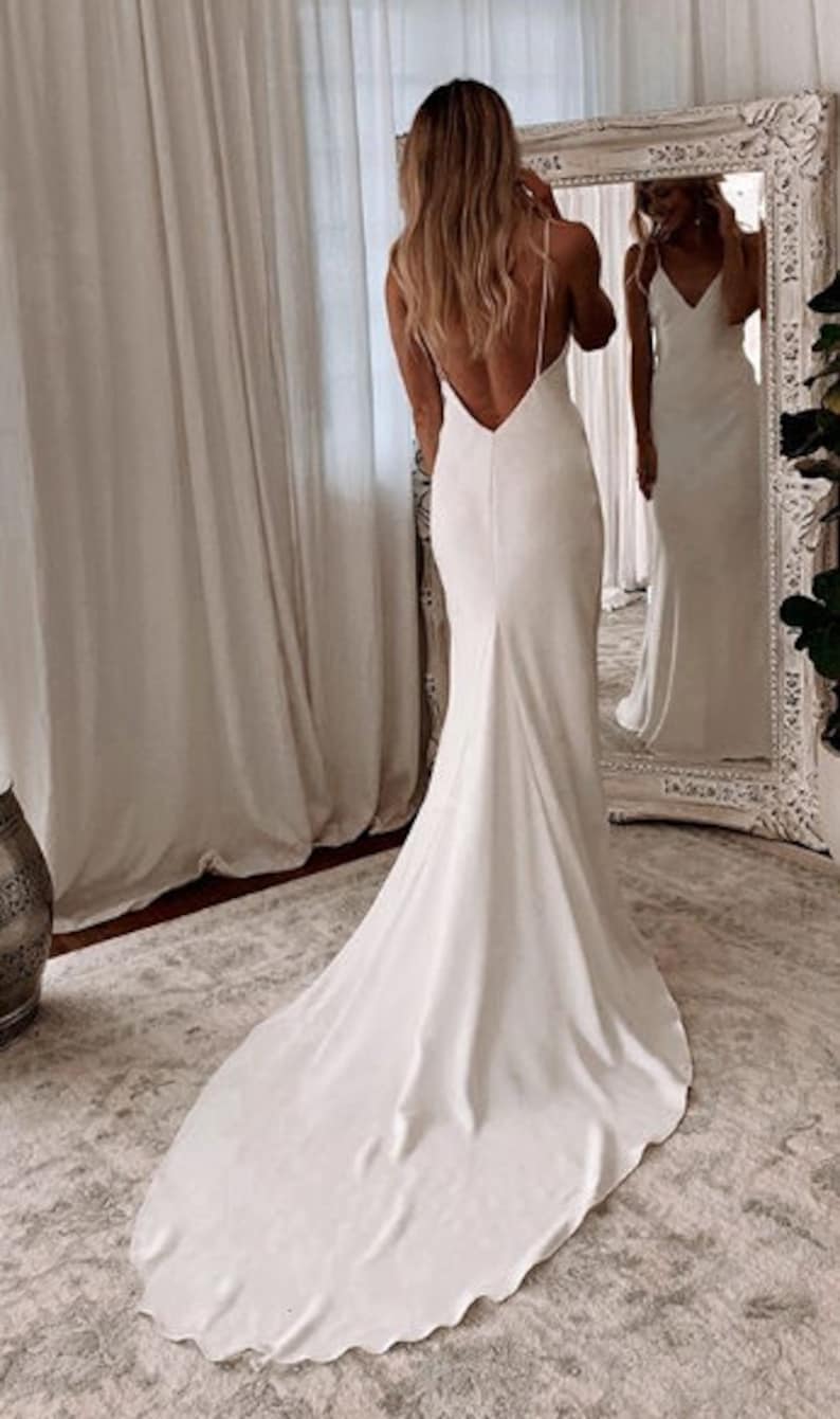 Modern Simple Satin Wedding Dress V-neck Spaghetti Straps Backless Formal Pleat image 1