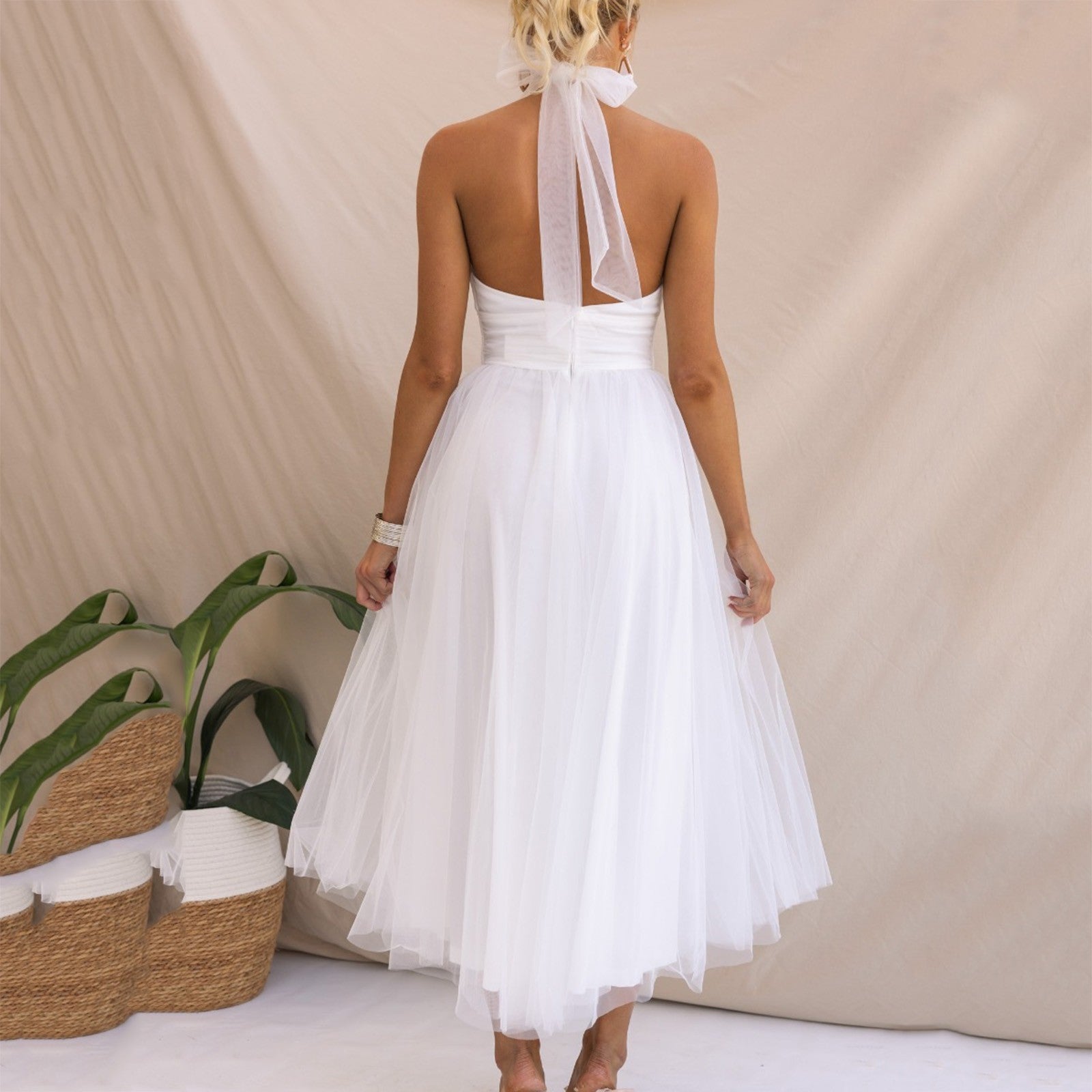  Halter Holiday Party Dress Women Off Shoulder Mesh Backless Pleated Dress  image 4