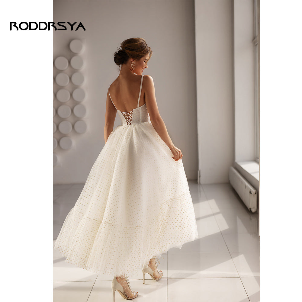 RODDRSYA Short Wedding Dress 2023 A Line Sweetheart Spaghetti Straps Dot Tulle image 7