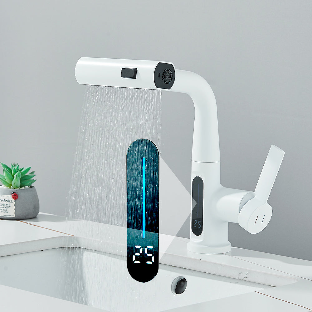 White Bathroom Basin Faucet with Temperature Digital Display Lift Up Crane Pull