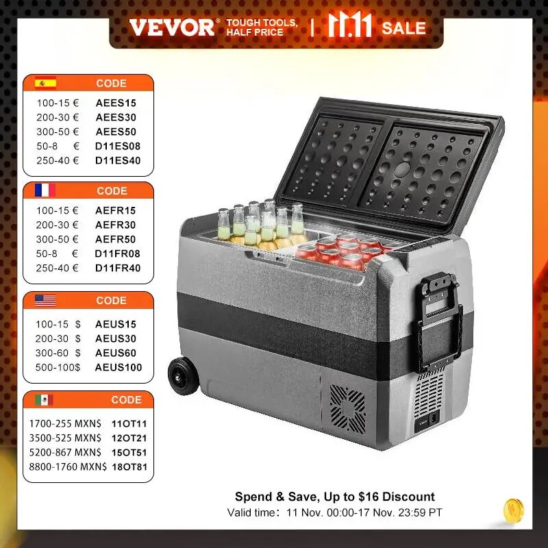 VEVOR 36L 50L 60L Portable Car Fridge Mini Refrigerator zer With Wheel and