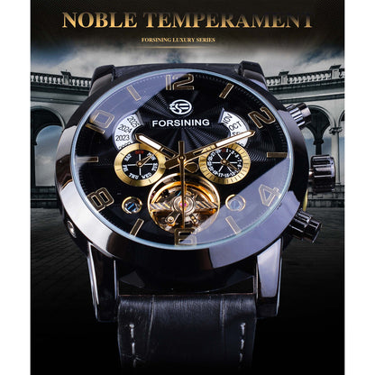 Forsining Tourbillion Fashion Wave Black Golden Clock Multi Function Display Me image 3